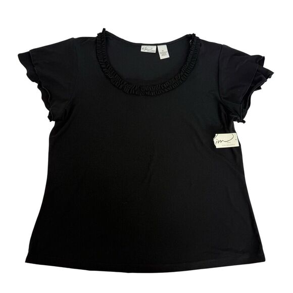 NWT Kim Rogers Black Round Neck Ruffle Blouse Shirt Short Sleeve Sz PL Petite L - Picture 1 of 10